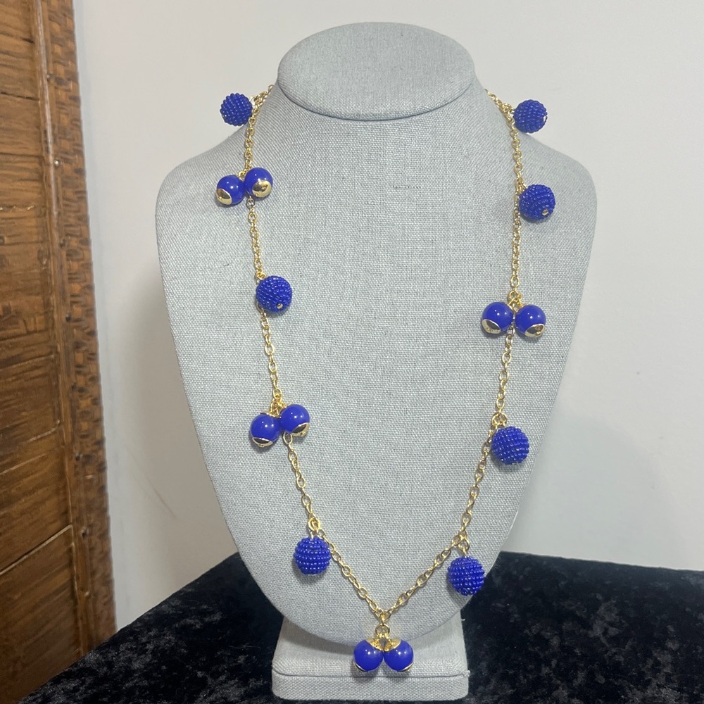 J. Crew Royal Blue Ball Beaded Dangles Large Station Chain Necklace Gold Tone